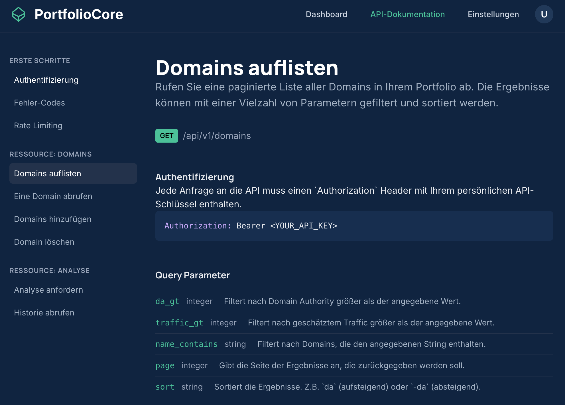 Screenshot der API Dokumentation