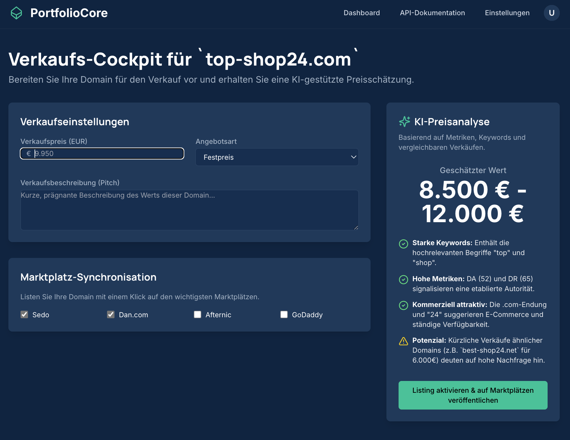 Screenshot des Verkaufs-Cockpits